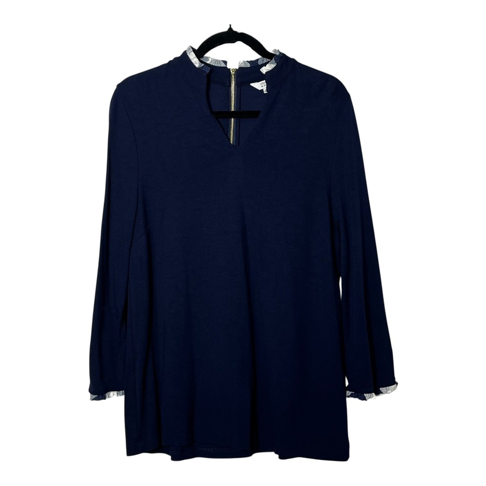 Crown & Ivy Womens XL Navy Blue Mock Neck Ruffle Cuff Long Sleeve Zip Back Top